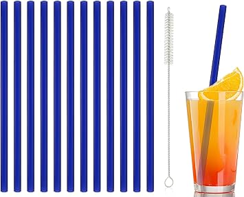 12 Pcs Reusable straight Glass Straws,8"x 8 mm Dark Blue Short Glass Drinking Straws with 2Pcs Cleaning Brush,Shatter Resistant for Tea, Smoothies, Milkshakes, Juices,Beveragesdark blue