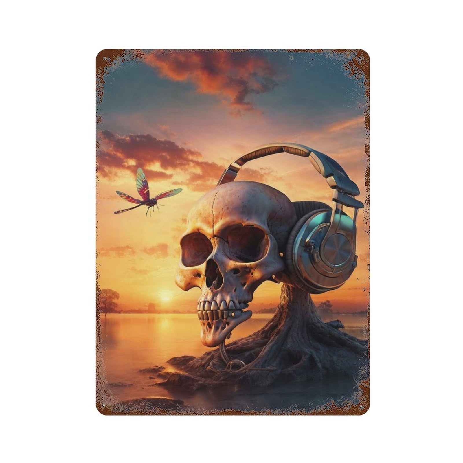 Garage Style Surreal Sunset Music Skull Rustic Tin Plaque 15.7"x11.8", Industrial Home Decor for Bar And Workshop