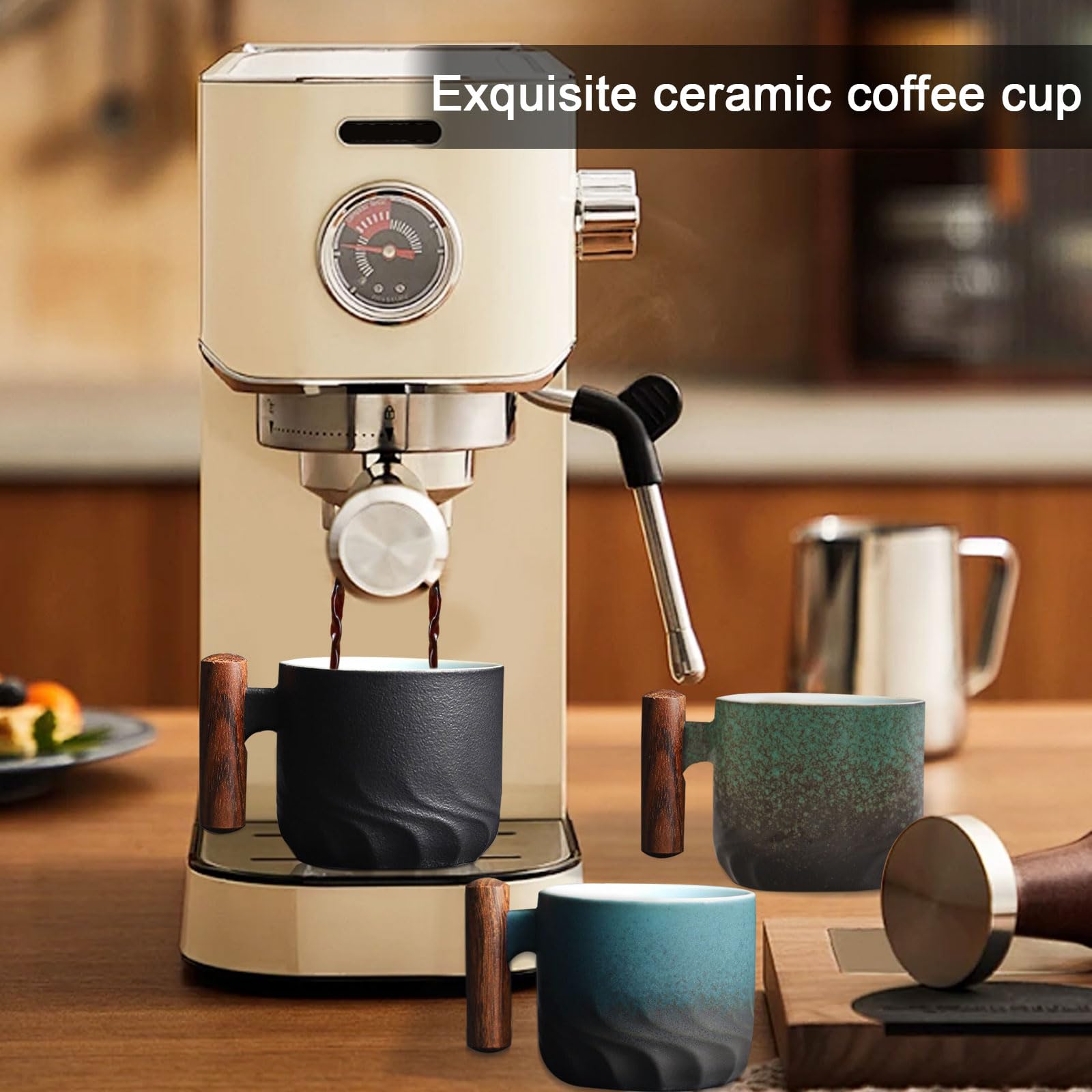 Lot de 6 Tasses à Expresso (6 x 70 ml) Tasse a Cafe Céramique Tasse Expresso avec Anse en Bois, Ensemble Tasse a Cafe Petite Tasse à Café pour Espresso, Thé (Lot de 6 - Noir Bleu Vert)