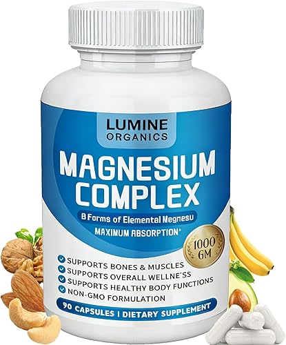 Complejo de magnesio, complejo de magnesio para mujeres, suplemento de 1000 mg, mezcla avanzada de magnesio 8 en 1, glicinato, citrato, malato,