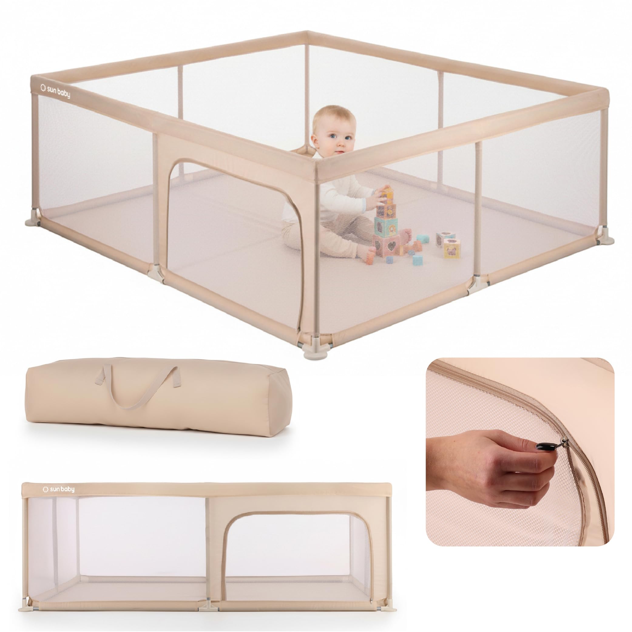 sun baby Parc Enfant 150x200 cm 0-2 ans Beige, polyester, parois en filet, entrée zippée, pieds antidérapants, sac de transport inclus, cadre en métal