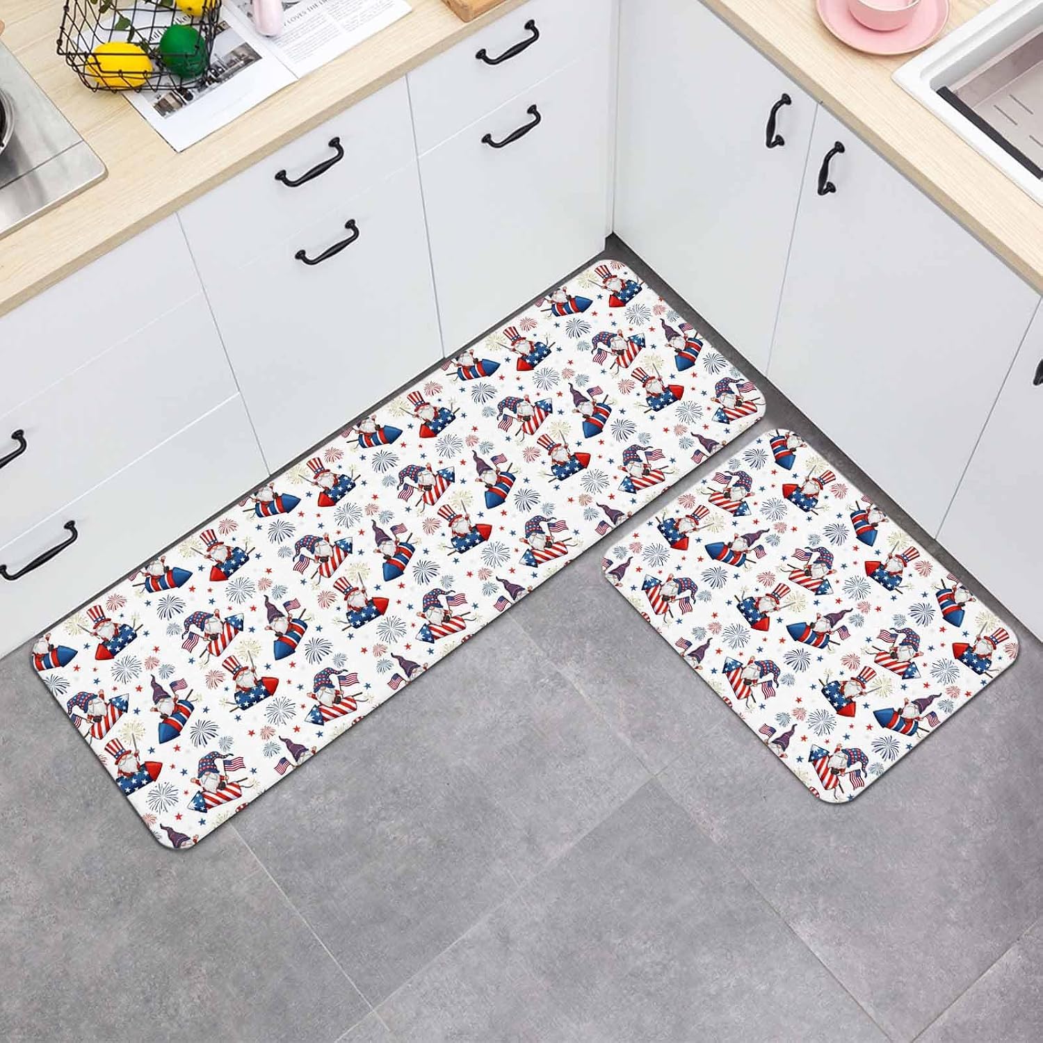 Prime Leader Independence Day Kitchen Mat Set 2 Pieces Flag Day Gnome Blue Red Firework Star Non Slip Kitchen Rugs Washable Runner Rug Mats for Sink Laundry (19.7" x 31.5"+19.7" x 63")