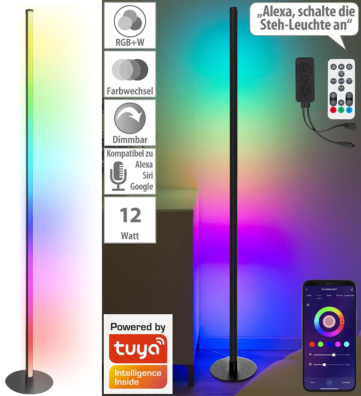Luminea Home Control Stehlampe LED: WLAN-Steh-/Eck-Leuchte, RGB-IC-LEDs, 12W, dimmbar, App, 155cm, schwarz (Ecklampe, Stehleuchte RGB, Disco)