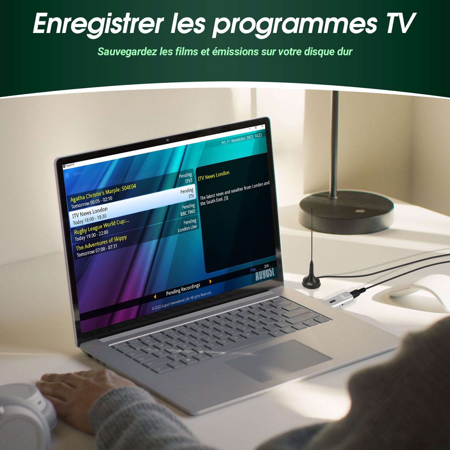 August DVB-T210 - Récepteur TNT USB - Décodeur TNT avec Enregistreur et Antenne, Numérique Terrestre Mini Télévision sur PC DVB-T2 MPEG4 Compatible France Belgique Windows 11 Home/Pro/10/8/7