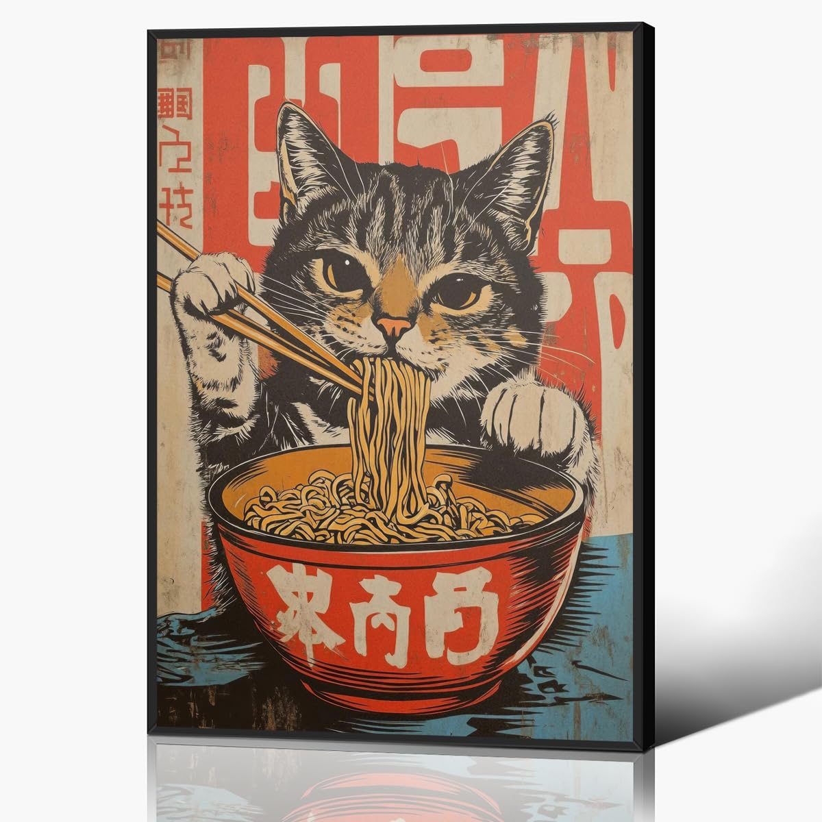 Anslipswar Japanese Cat Canvas Wall Art, Quirky Black Cat Eating Ramen Poster, Retro Funny Animal Food Art Print, Unique Kitchen Dining Room Wall Decor, Noodle Lover Gift 30x40cm Framed