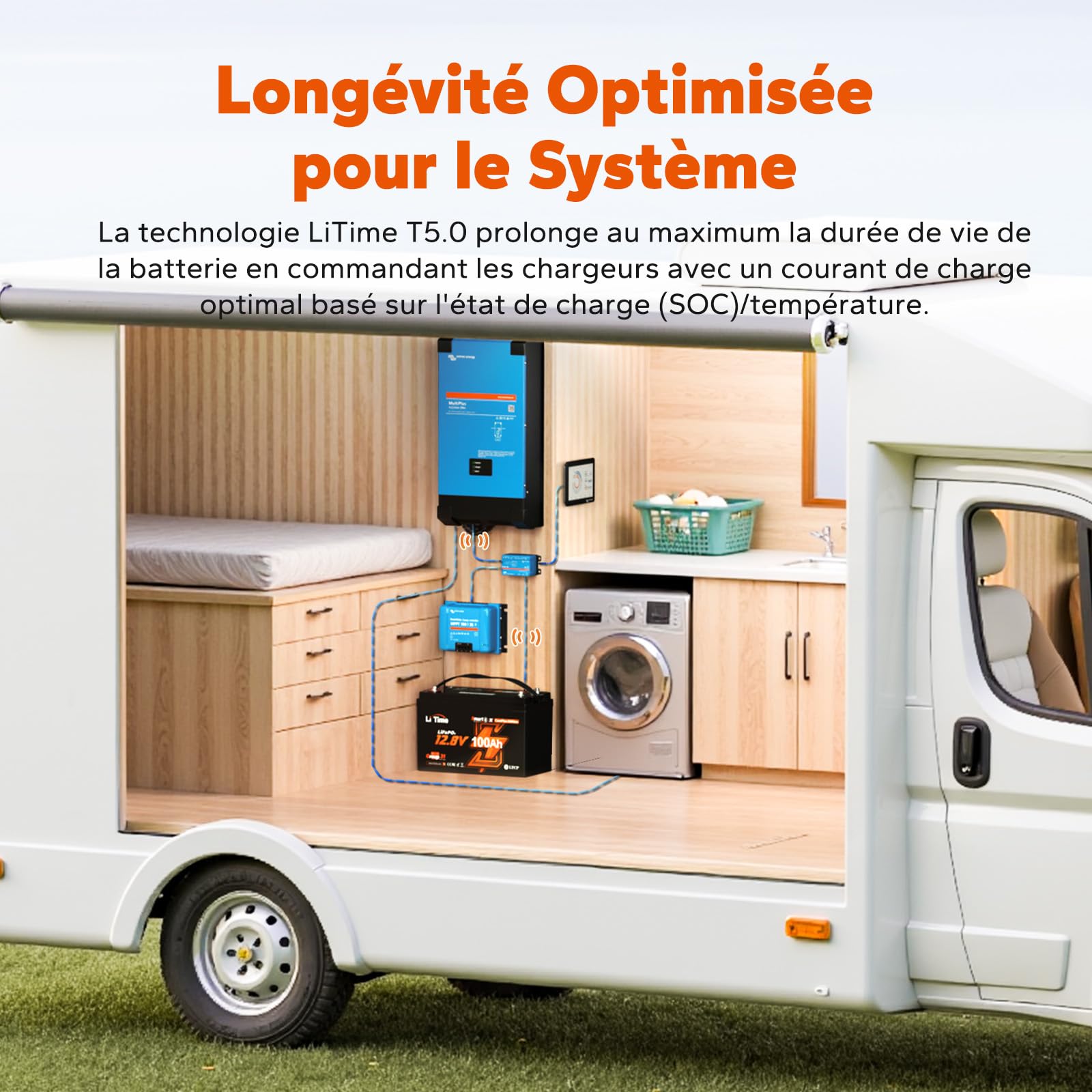 LiTime Batterie Lithium LiFePO4 12V 100Ah Bluetooth Compatible avec Victron Système pour Camping-Car, Communication CAN/RS485, 4000-15000 Cycles Profonds, Parfait pour Système Solaire, Hors Réseau