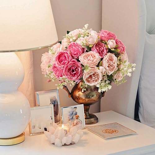 Miniatura 8 de Flores artificiales de seda, ramo de peonías sintéticas rosas, 4 paquetes de arreglos florales para decoración de casa de campo, hogar, mesa de