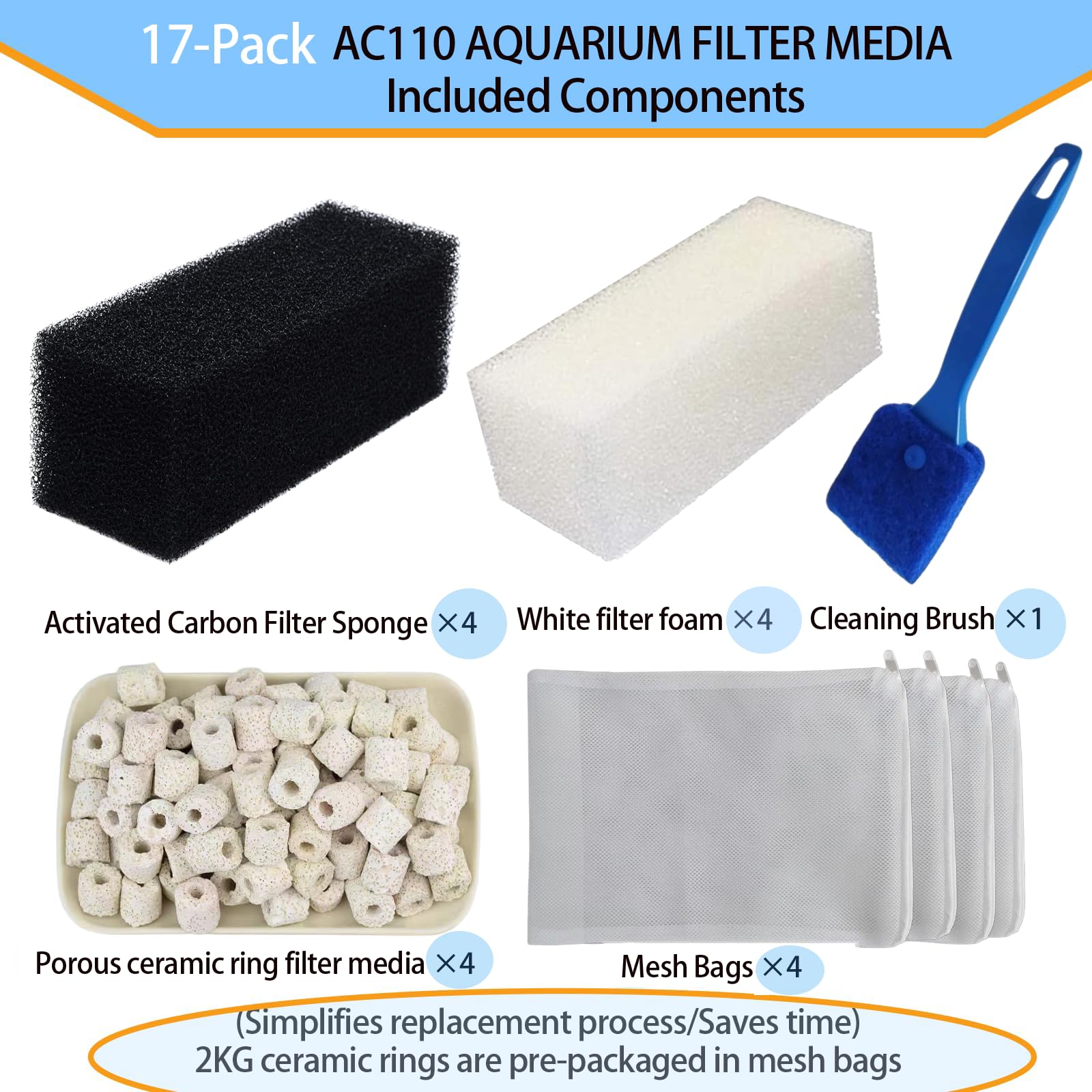 Kit de medios de filtro de 3 etapas para filtro Fluval AquaClear 110 - (17 paquetes/4 kits) Bio esponja, carbón activado y anillos de cerámica de 2 kg, 60-110 galones