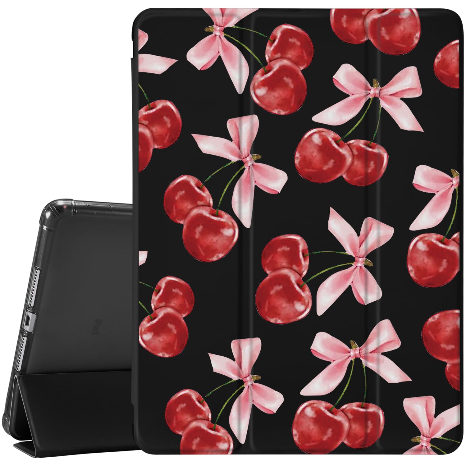 CozyNestCY Cute Kawaii Cherry Bow Case for 10.9 Inch Ipad 10Th Aesthetic Pattern Cover for Ipad Auto Sleep/Wake Anti-Slip Shockproof Leather Soft TPU