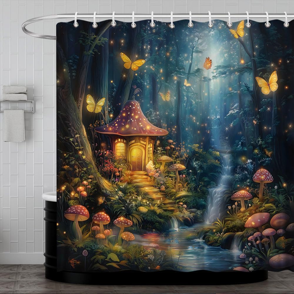 Enchanted Forest Mushroom Shower Curtain Fantasy Fairy Tales Garden Butterfly Floral Waterfall Misty Forest Wonderland Bath Decor Polyester Fabric Curtains 90X70 Inch