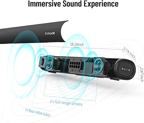 Miniatura 2 de LITTOAK Barra de sonido para TV, barra de sonido BT 5.0, barras de sonido de 50 vatios y 16 pulgadas para audio doméstico, juegos, proyectores,