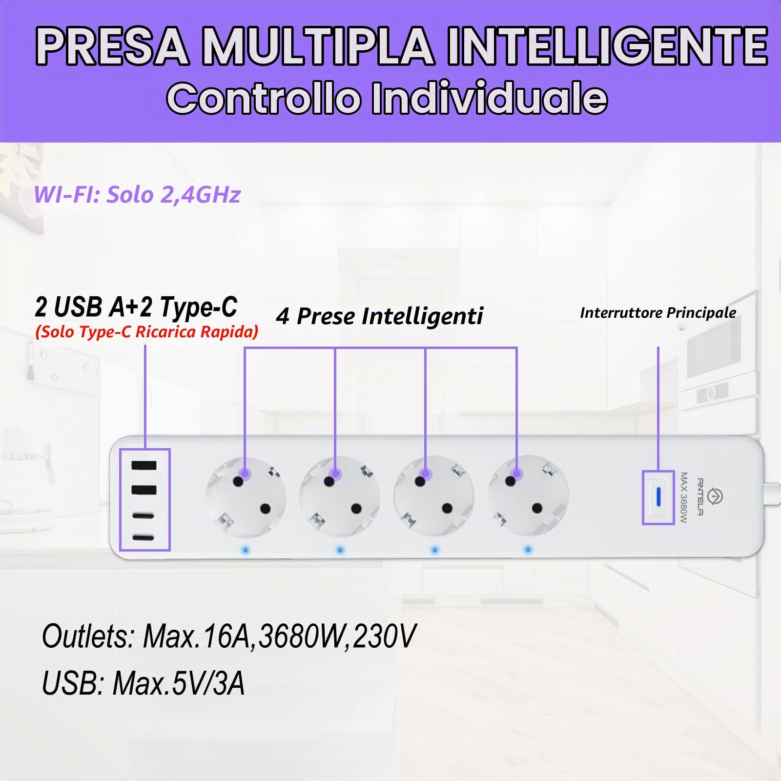ANTELA Ciabatta Smart Alexa Multipresa WiFi con Monitoraggio Energetico | 4 Prese AC + 4 Porte USB, Protezione da Sovraccarico, Telecomando APP, Programma e Timer, 2.4Ghz wifi, 16A 3680W