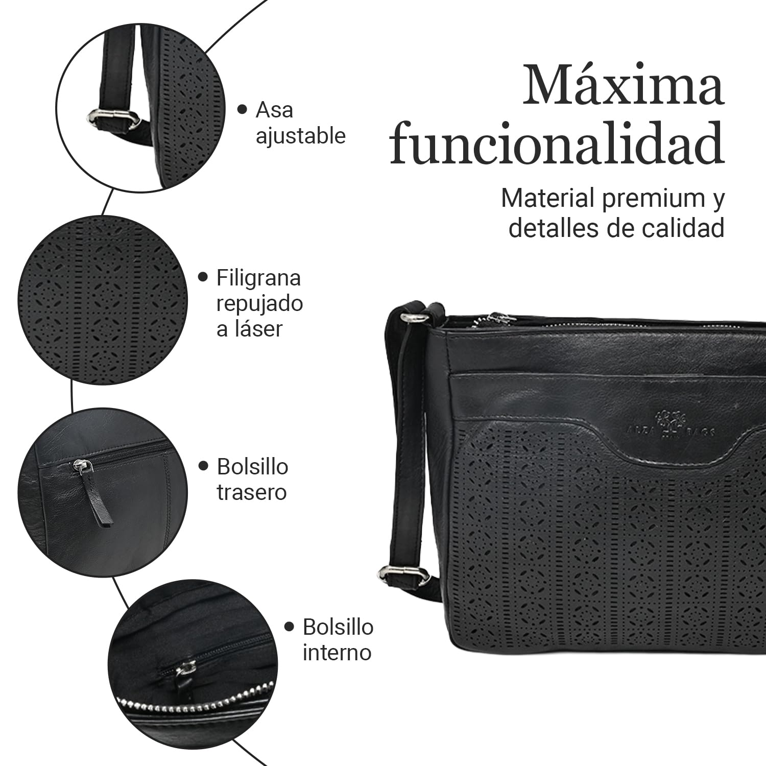 Laura Valle Bolso Bandolera Mujer Mediano Modelo Bella – Bolso Piel Auténtica Mujer Con Filigrana Repujada, Cremalleras Seguras y Múltiples Compartimentos Para Uso Diario Y Oficina
