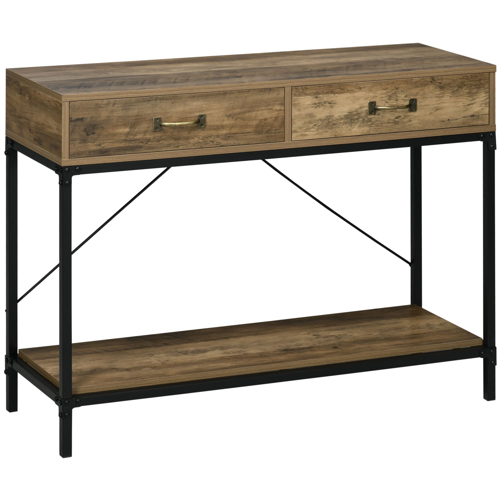 HOMCOM Mesa de Consola Industrial con 2 Cajones y Estante, Marrón y Negro | Mesa de Sofá, Consola Recibidor, Patas de Metal, para Salón, Pasillo, Entrada