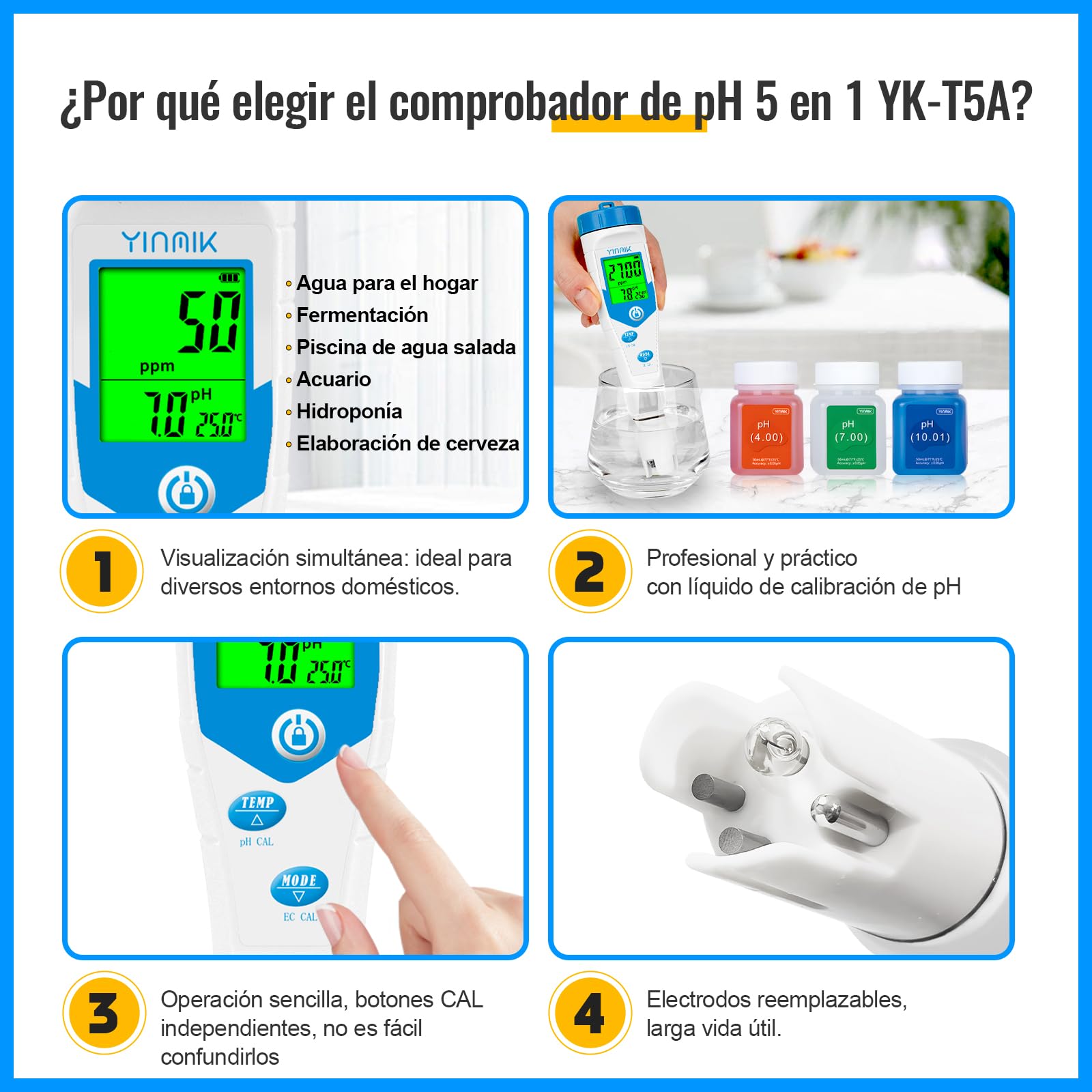 YINMIK Piscinas Medidor de Salinidad Digital 5 en 1 | Medidor de pH TDS EC Sal con Solución Calibración pH Visualización Simultánea de Sal y pH para Piscina Acuarios Hidroponía