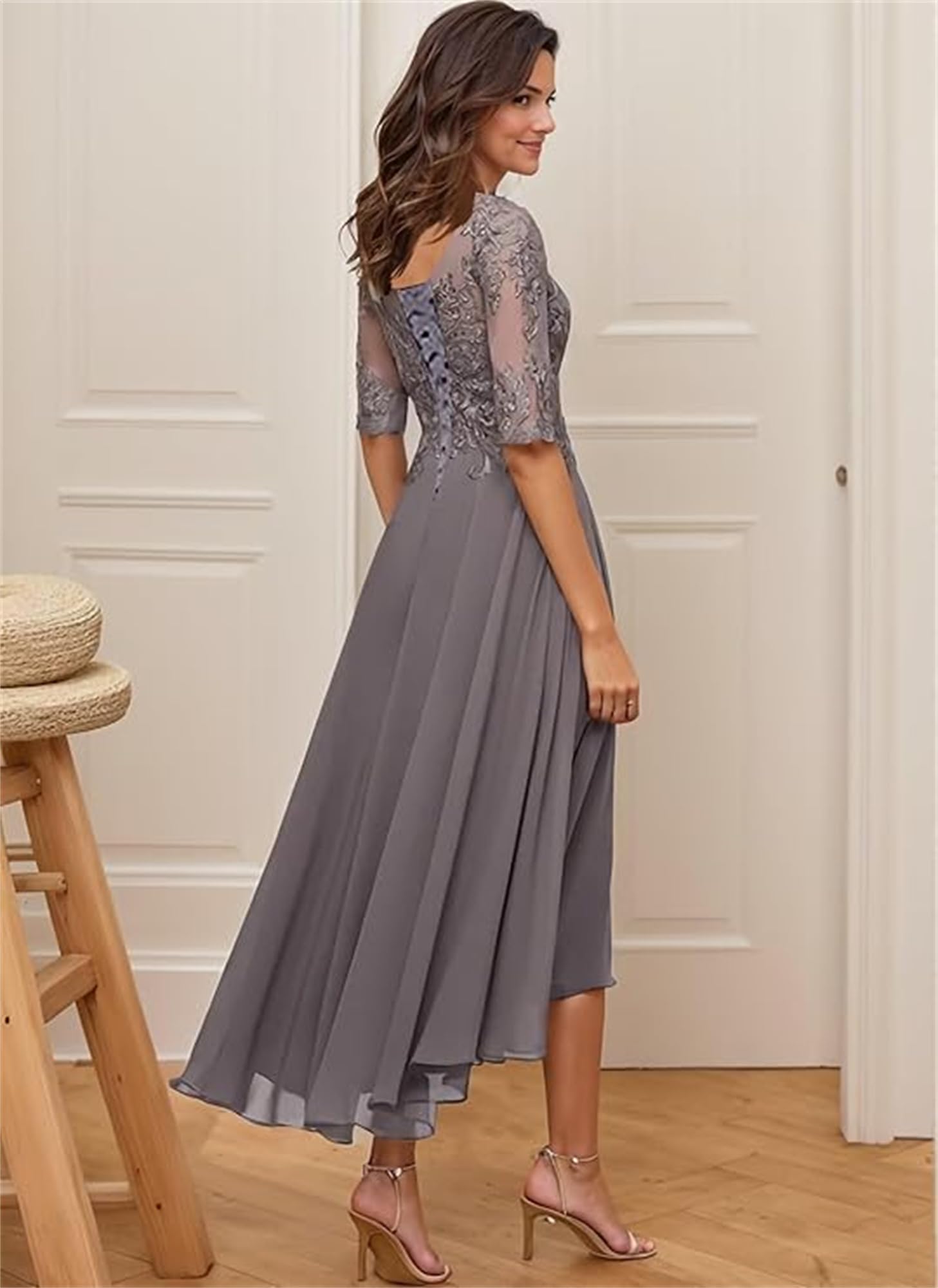 Tee Länge Brautmutterkleider Spitze Kleider für die Mutter der Braut Damen Elegant Chiffon A-Linie Abendkleid mit 1/2 Ärmel