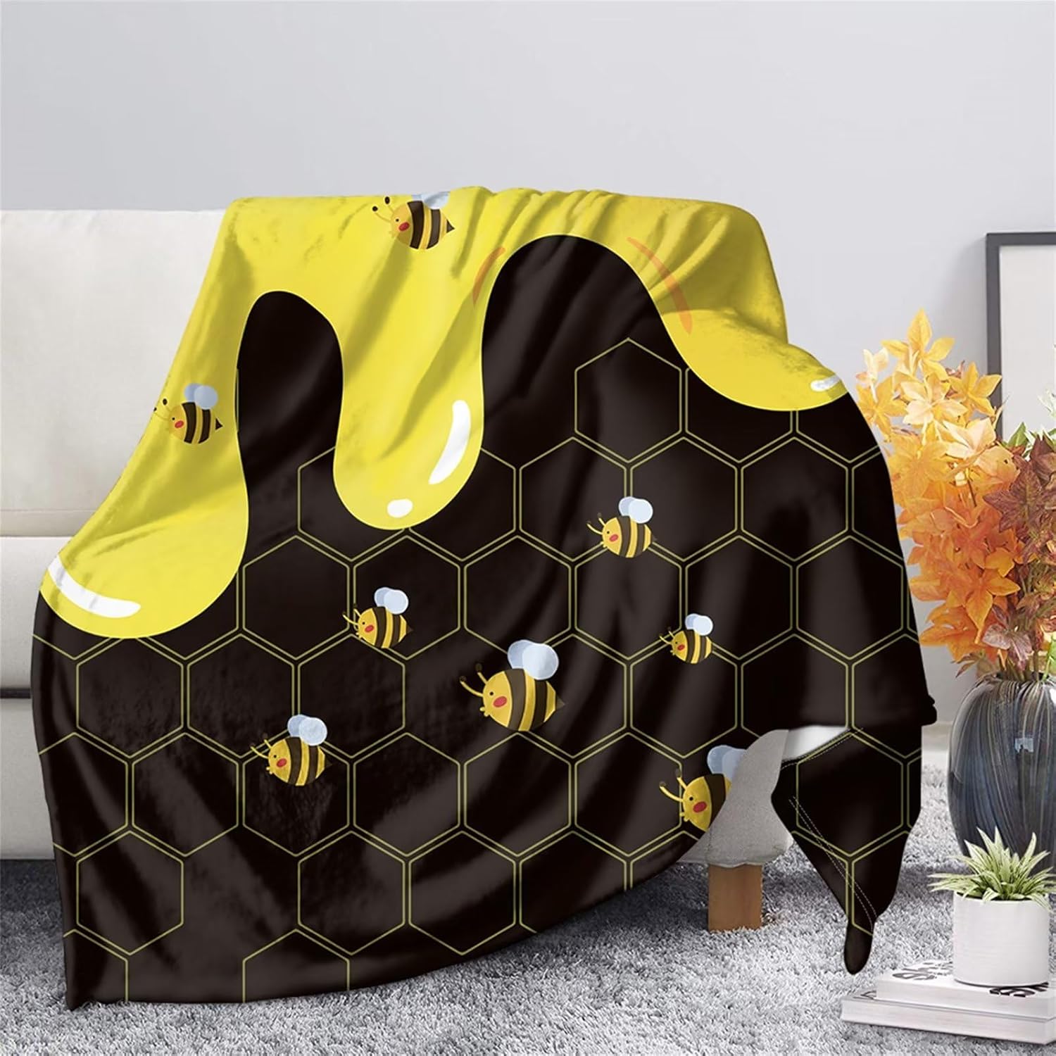 Forchrinse Bee Daisy Print Flannel Fleece Blanket,Cozy Warm Bed Throw,All Seasons Lightweight Plush Throws and Blankets for Couch Sofa Bed