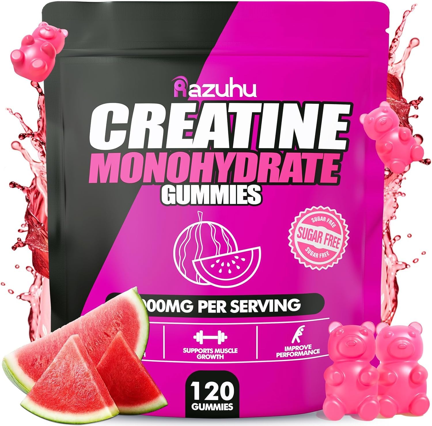 Razuhu Creatine Monohydrate Gummies 4g per Serving, Creatine Gummies for Men & Women, Pre Workout, Energy, Strength, Muscle Support, Recovery, Sugar Free, Gluten-Free, Vegan, Non-GMO, 120 Count