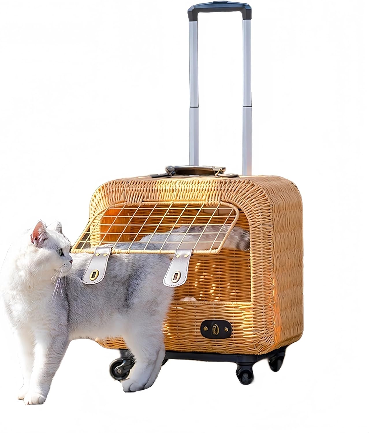 Outdoor Breathable Pet Trolley Case, Portable Rattan Anti Stress Pet Travel Trolley Case, Rolling Pet Carrier Backpack with Leather H andle for Cats Dogs Small Pets
