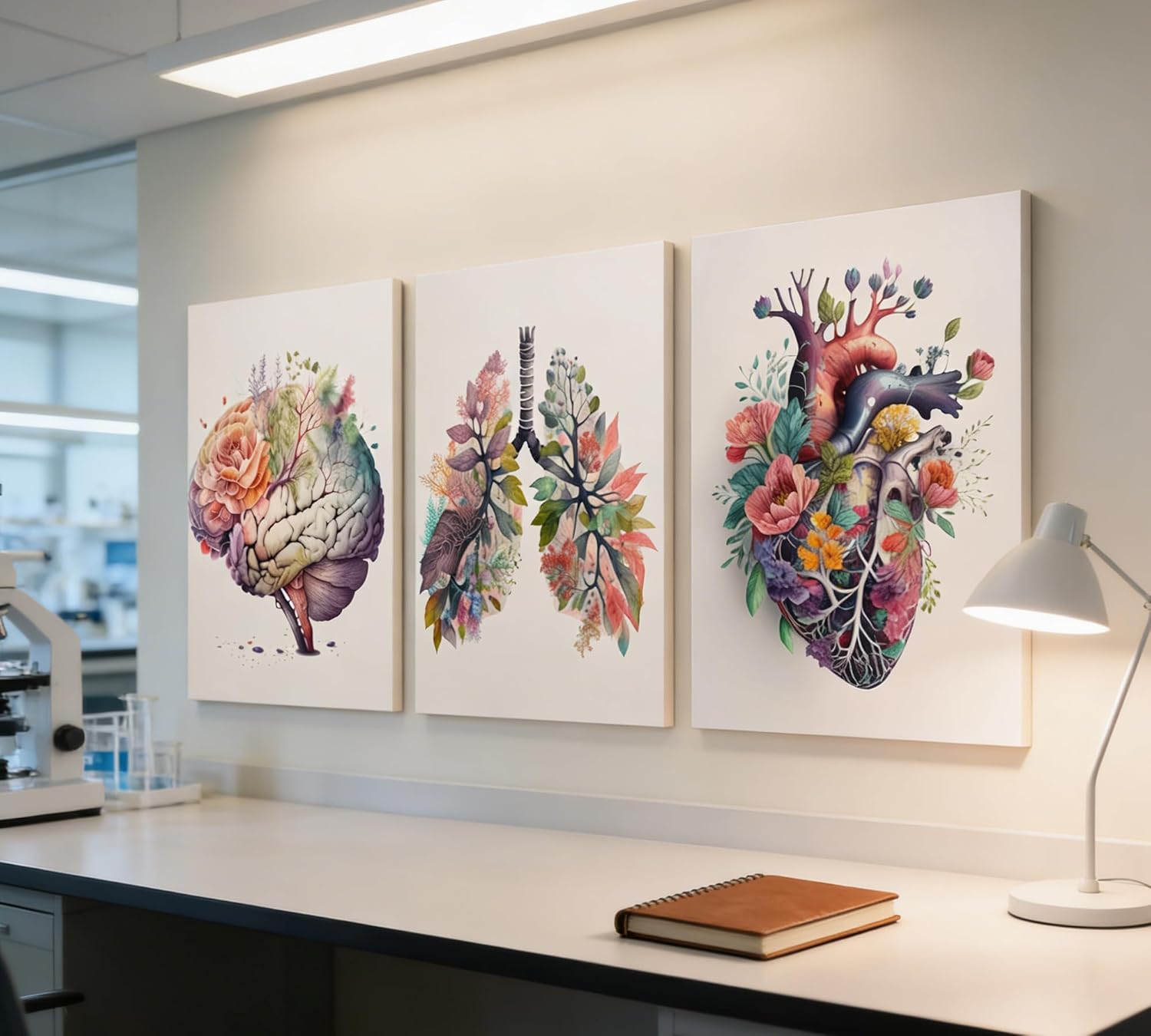 3 Pcs Floral Anatomy Canvas Wall Art - Watercolor Brain Lungs Heart with Flowers Prints, Abstract Medical Botanical Wall Decor for Doctor Office Hospital, Modern Framed Artwork Set Ready to Hang