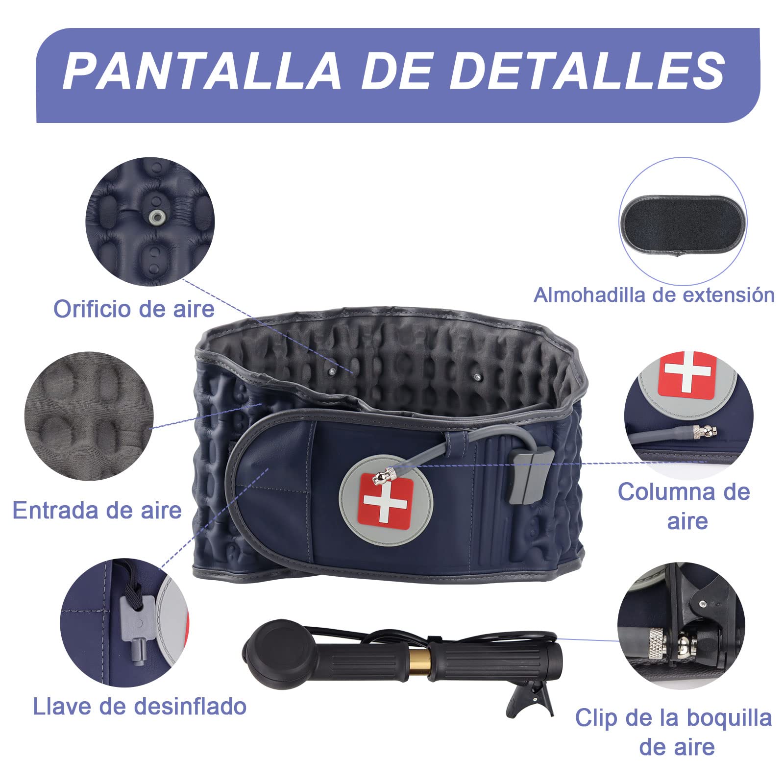 Cinturón de descompresión para la espalda inflable, soporte lumbar inferior para el alivio del dolor de espalda baja, dispositivo de tracción lumbar con bomba de mano, talla única para