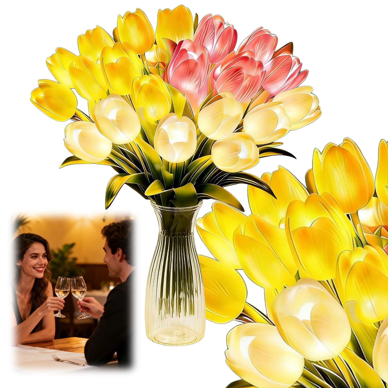Aodejoy 15 Pcs Light up Tulips with Ribbon, LED Fake Tulips Real Touch Artificial Flowers, Radiant Romantic Tulip Light, Holding Flower Shaped Ambient Night Lamp for Bedroom Bedside Decor -Multicolor