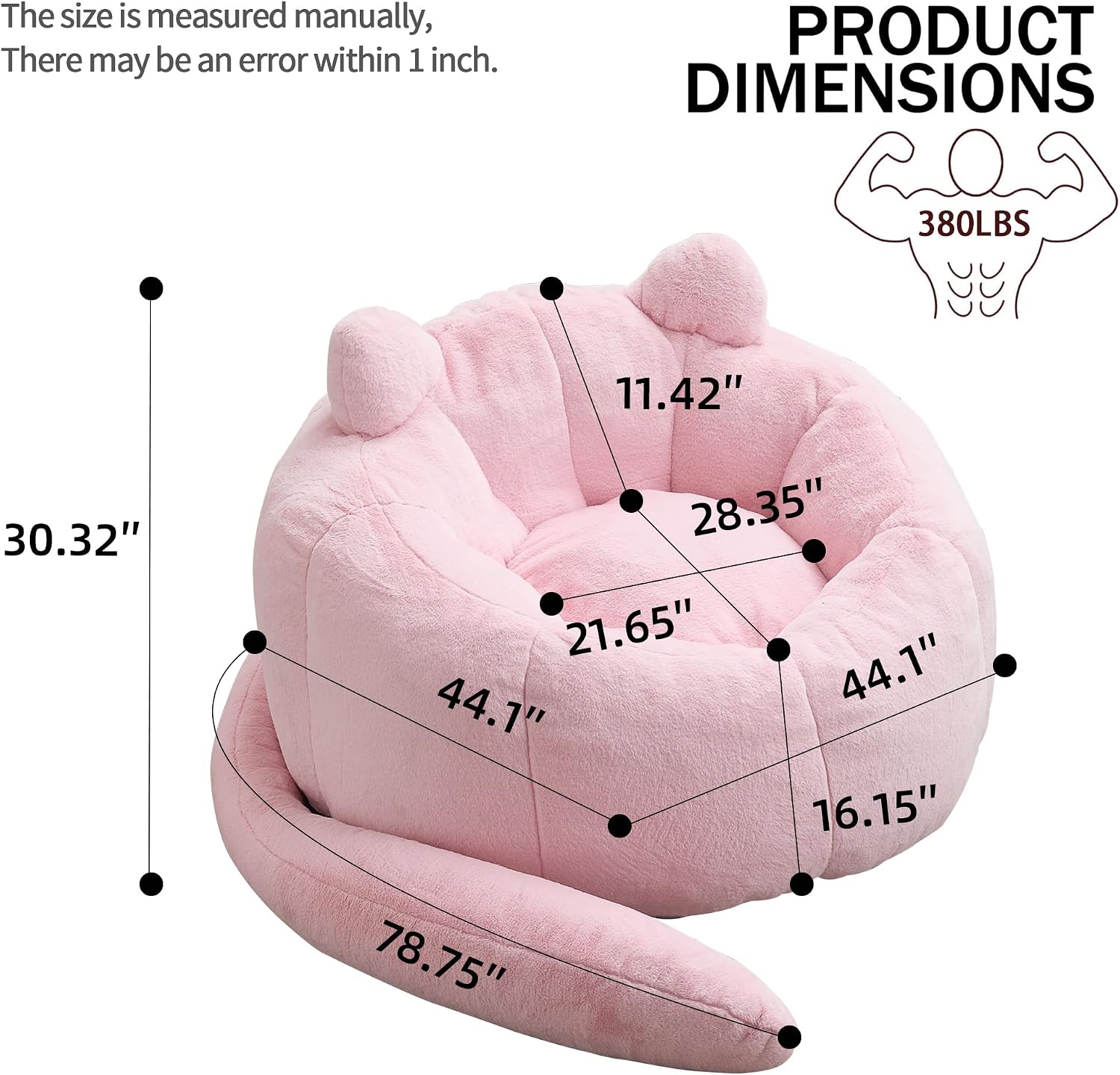 Cat Shaped Bean Bag Chair for Adults, Foam Filled Lounge Sofa with Tail Design, No Assembly Compressed Couch with Handle, Cute Lazy Chair for Living Room Bedroom, Pink