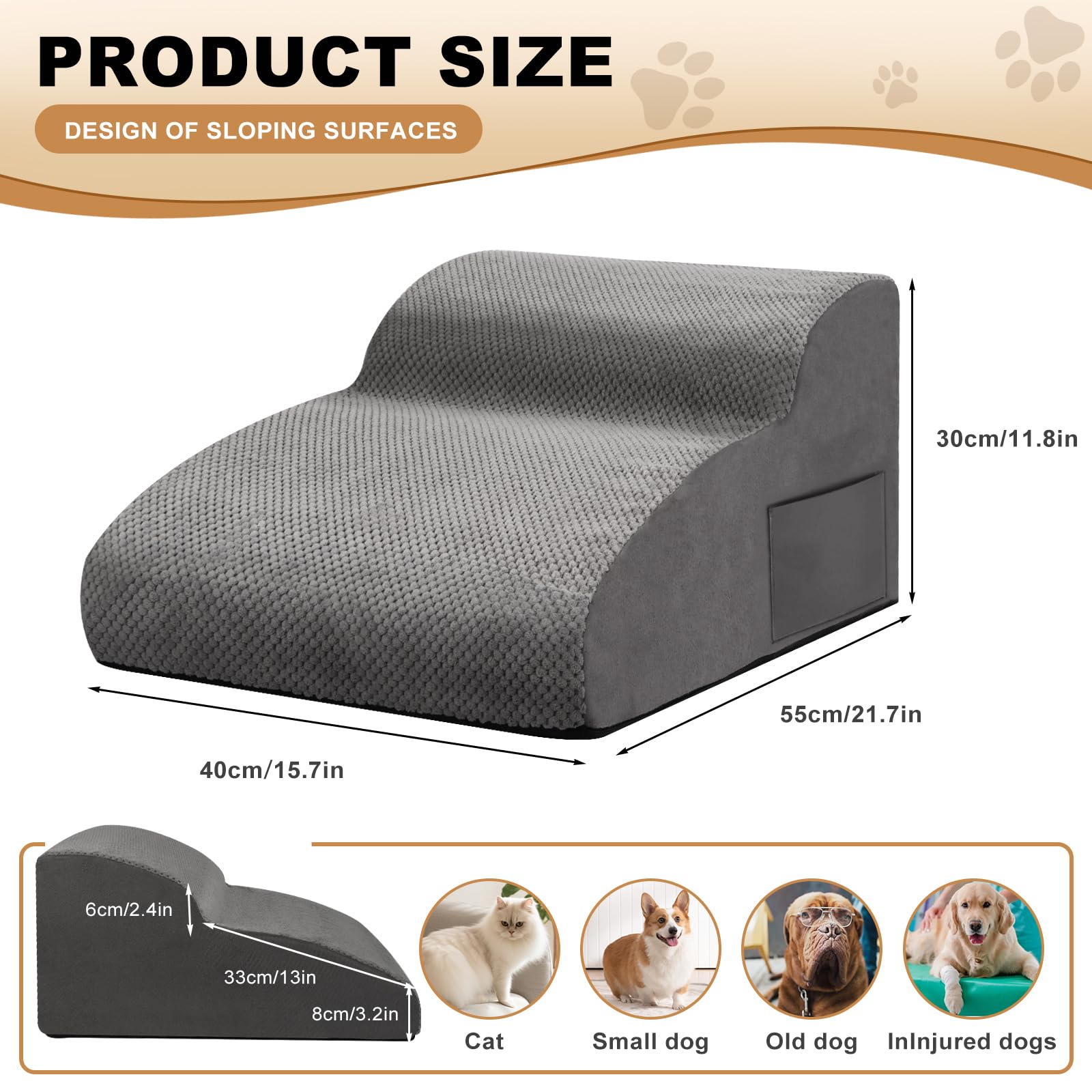 Escaliers pour Chiens à 2 Marches, Escalier pour Animaux en Éponge, Rampe pour Chien Antidérapant avec Housse en Tissu Amovible et Lavable, pour Canapé et Lit, Envoyer Rouleau Poils Animaux