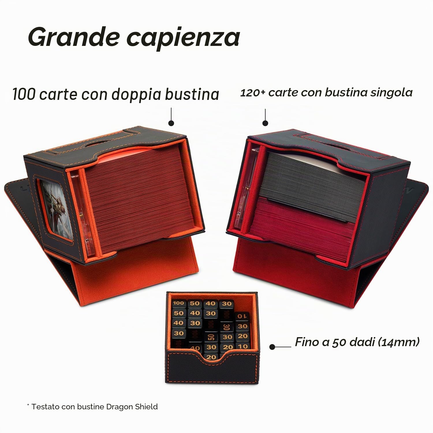 Mage Tech Commander Deck Box per MTG - Design Brevettato, Vetrina Commander, Adatta a 100 Carte Double-Sleeve, Porta Carte Magnetico da 35pt & Vassoio per Dadi - Grigio Scuro/Arancione