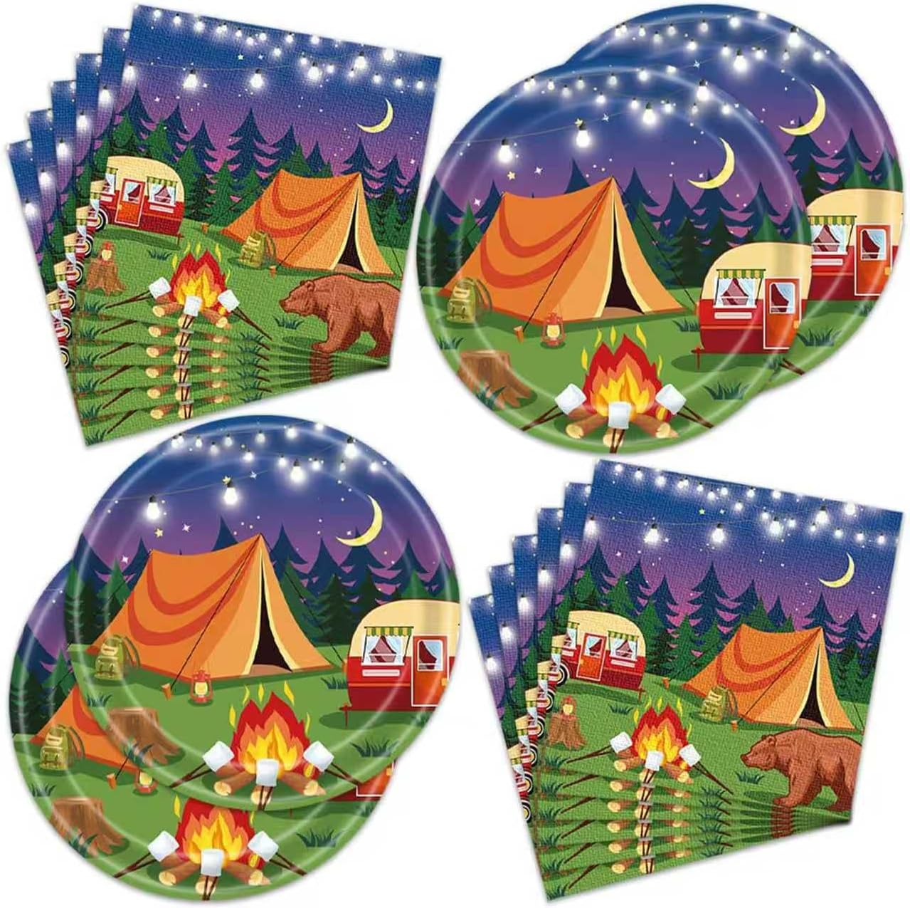 40pcs Camping Party Decorations Happy Camper Plates and Napkins for Forest Camping Adventure Party,Suitable for 20 Guests