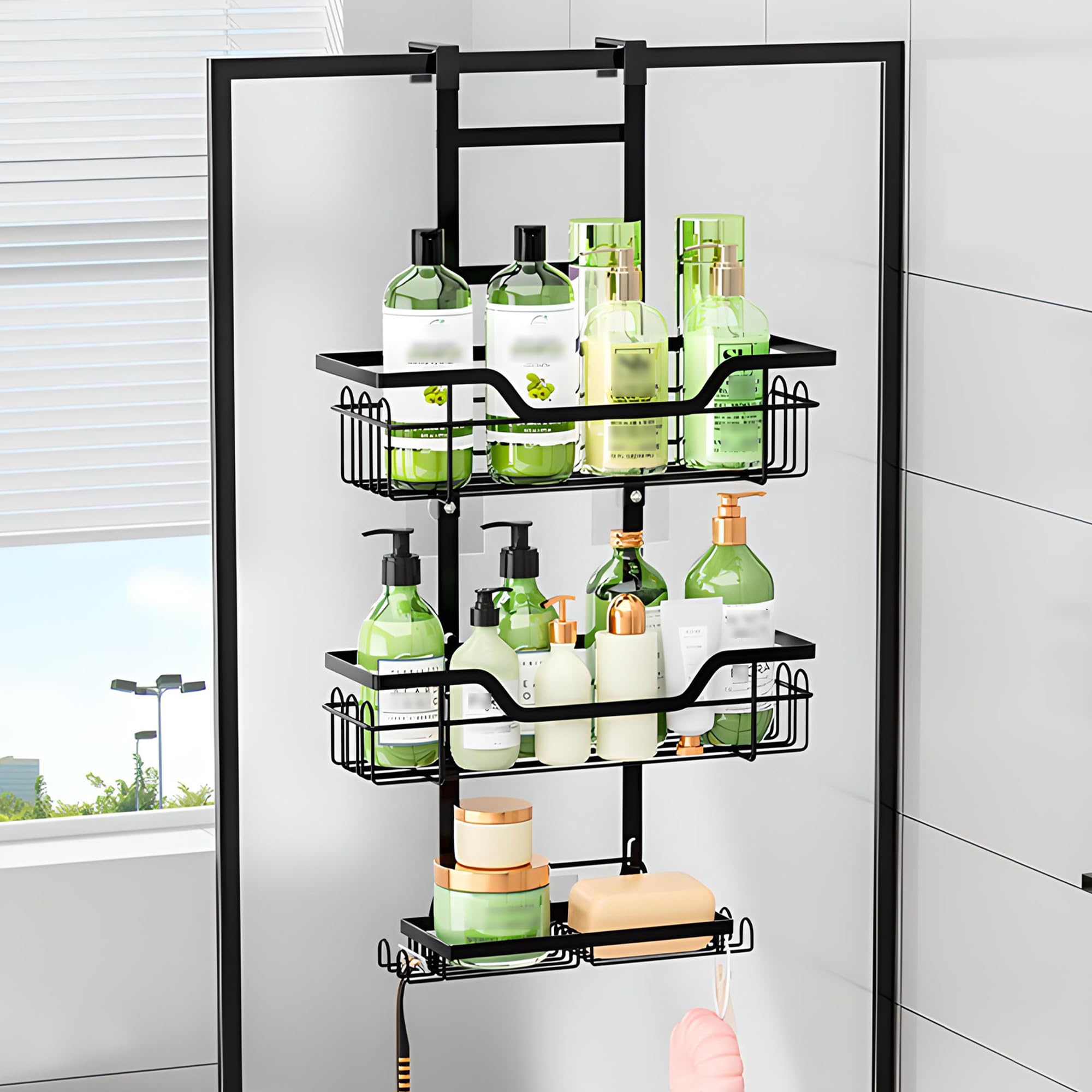 Panier de douche sans perçage réglable en inox noir pour rangement shampoing