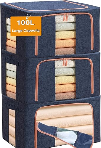 Large Capacity Clothes Storage Bags,Stackable Storage Organizer with Foldable Metal Frame, Zipper, Handles, Clear Window, Navy, 3 Pack)