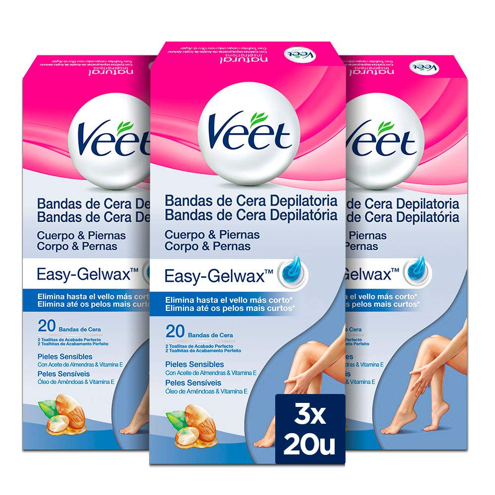 Veet Bandas de Cera Fria Depilatoria para Depilación de Cuerpo y Piernas con Aceite de Almendras, Easy Gelwax, Pieles Sensibles, 3 x 20 bandas, Total 60 Unidades