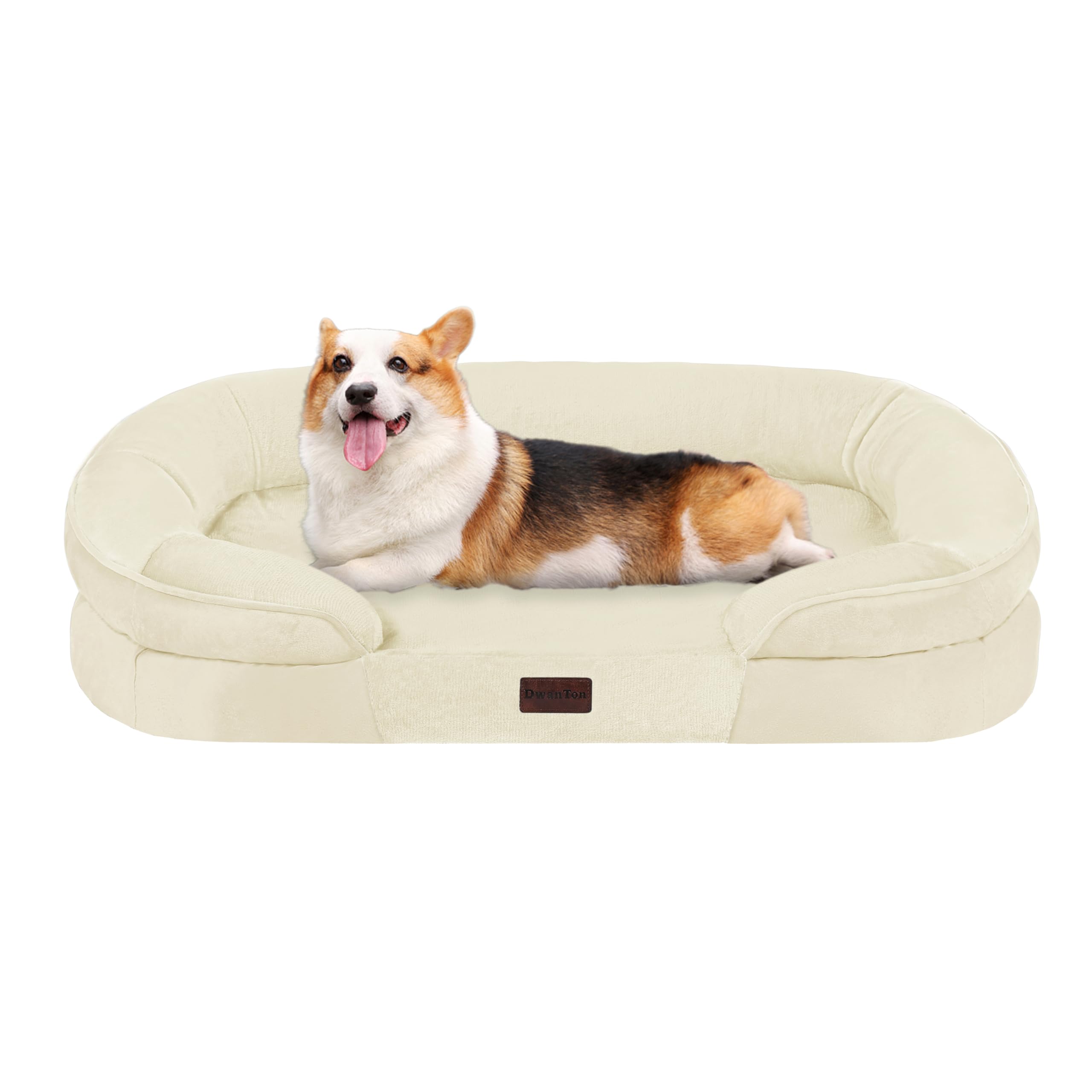 Dwanton Orthopedic Dog Bed for Medium Dogs with Gel Memory Foam, Waterproof Dog Sofa, Washable Pet Bed with Four Sided Bolster Cushion, Removable Cover & Non-Slip Bottom, 35", Beige