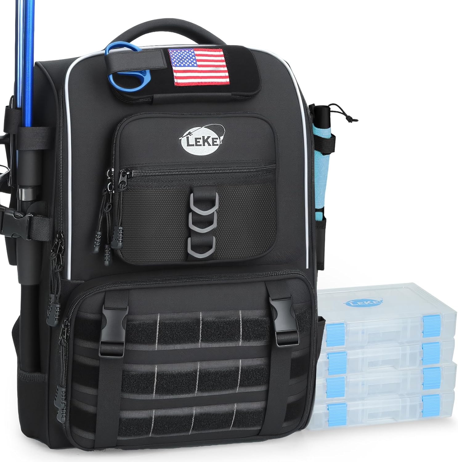Lekesky Fishing Backpack with 4 Tackle Boxes, 40L Tackle Bag with Rod Holders, Tactical Storage Gear for Men, Black