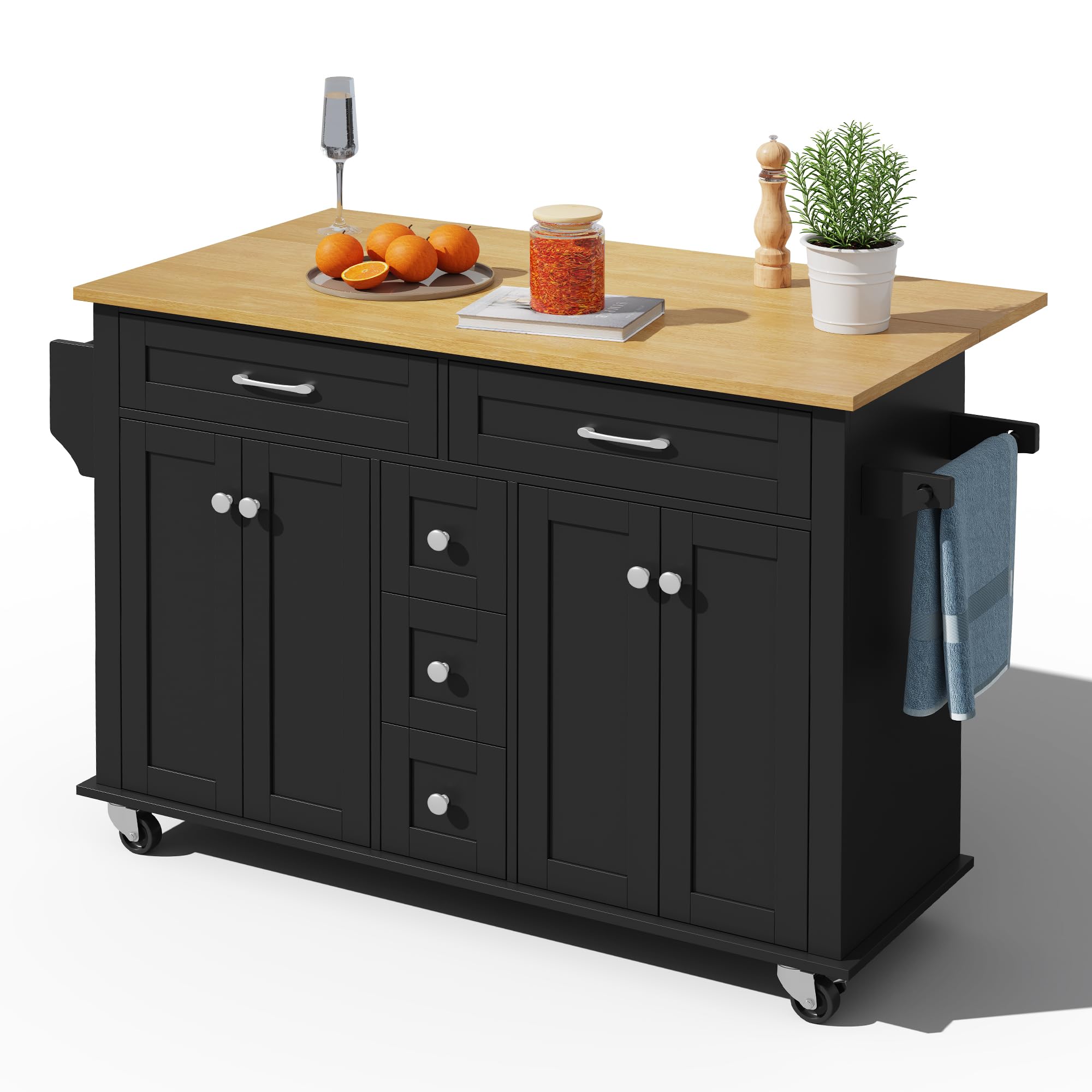 Carrello da cucina, isola da cucina con piano di lavoro pieghevole, 5 cassetti e 4 porte, portaspezie, portasciugamani con ruote, per cucina, sala da pranzo, soggiorno (nero)