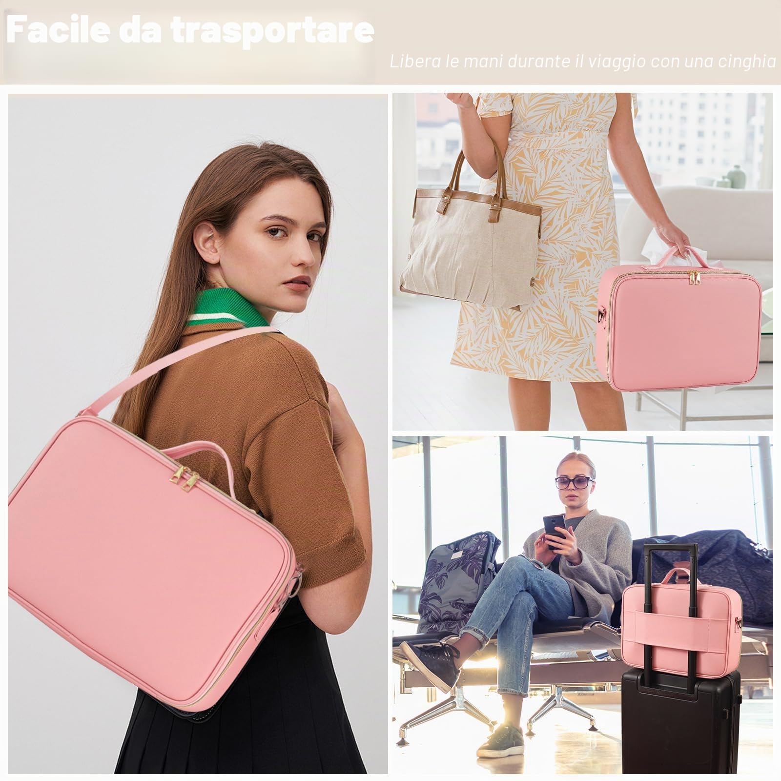 38x28CM Borsa per il trucco con specchio LED rimovibile, custodia da viaggio per il trucco con 3 luci dimmerabili colorate, custodia cosmetica di grande capacità con divisori rimovibili e tracolla