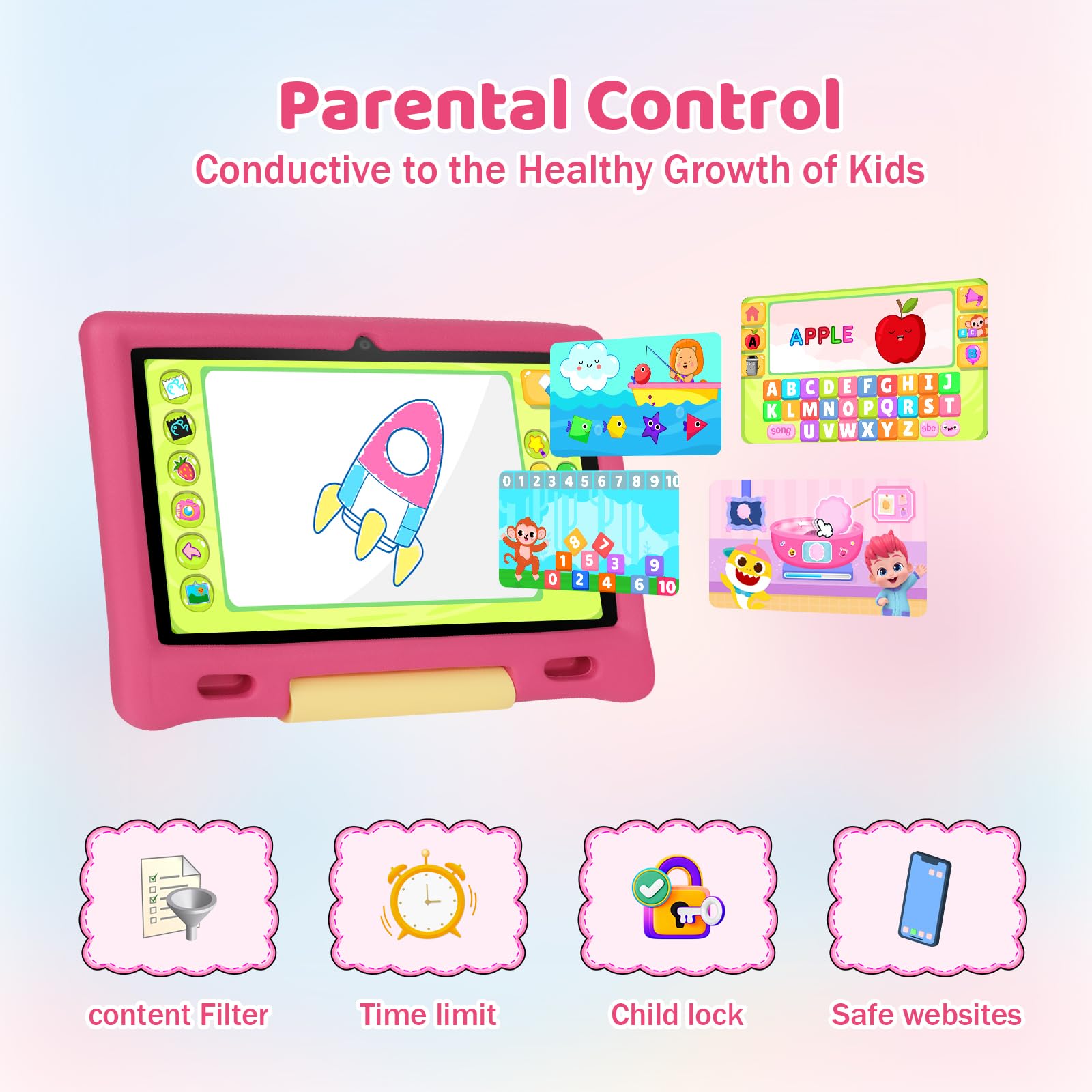 Gleeso Tablet Bambini | Android Tablet per Bambini 10 Pollici, Kids Tablet con Octa-Core | 128GB+1TB TF | Controllo Parentale | 8MP Fotocamera | WiFi 6/BT 5.3, Tablet con Custodia Protettiva - Rosa - 5
