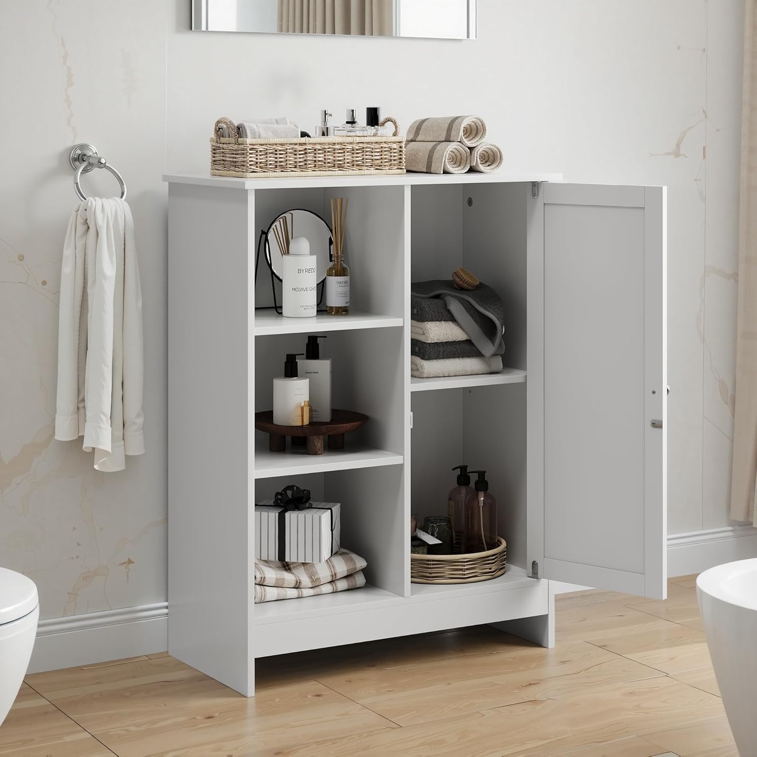 Storage Cabinet with Adjustable Shelves, Freestanding 23.62" Bathroom & Kitchen Floor Cabinet with 1 Door & 3 Open Compartments, Multi-Purpose Organizer for Entryway, Office White (Style-2)