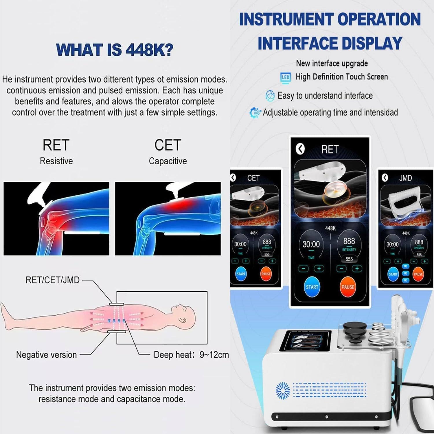 Apparecchio per radiofrequenza a 448 kHz - per Lifting a RF, Perdita di Peso e modellamento del Corpo, con 3 Maniglie e 8 postazioni di Lavoro per trattamenti fisici Profondi(Black)