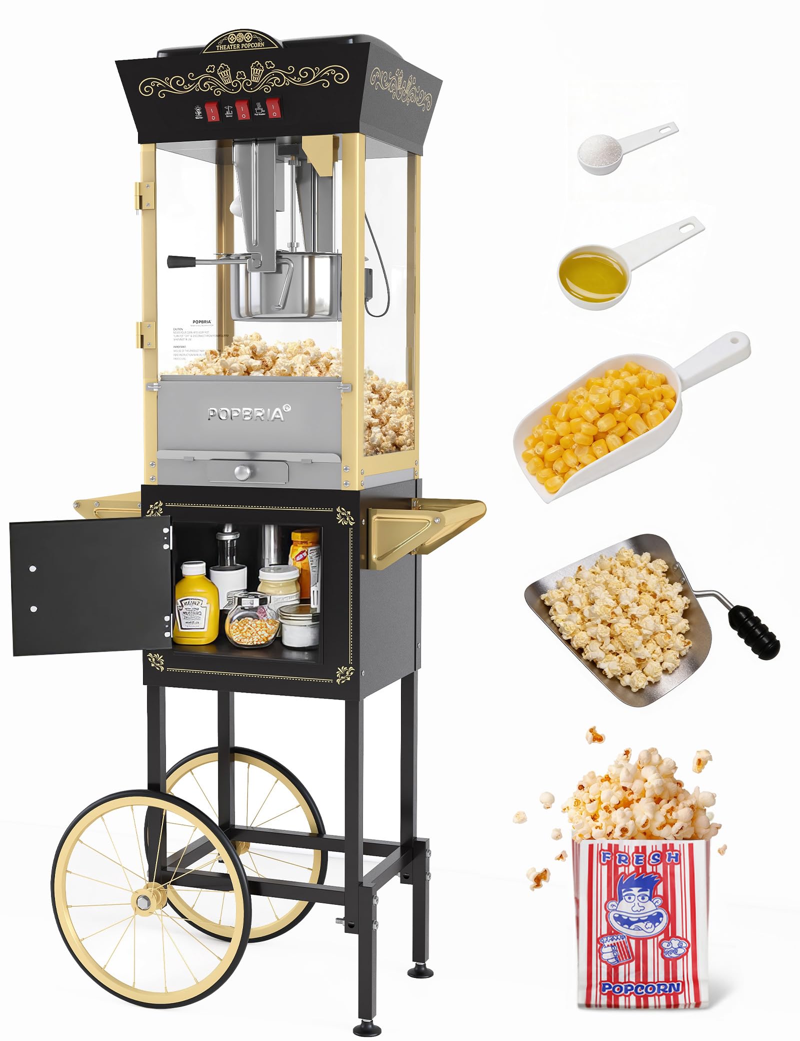 12oz Popcorn Machine with Cart, Movie Theater Style Popcorn Maker