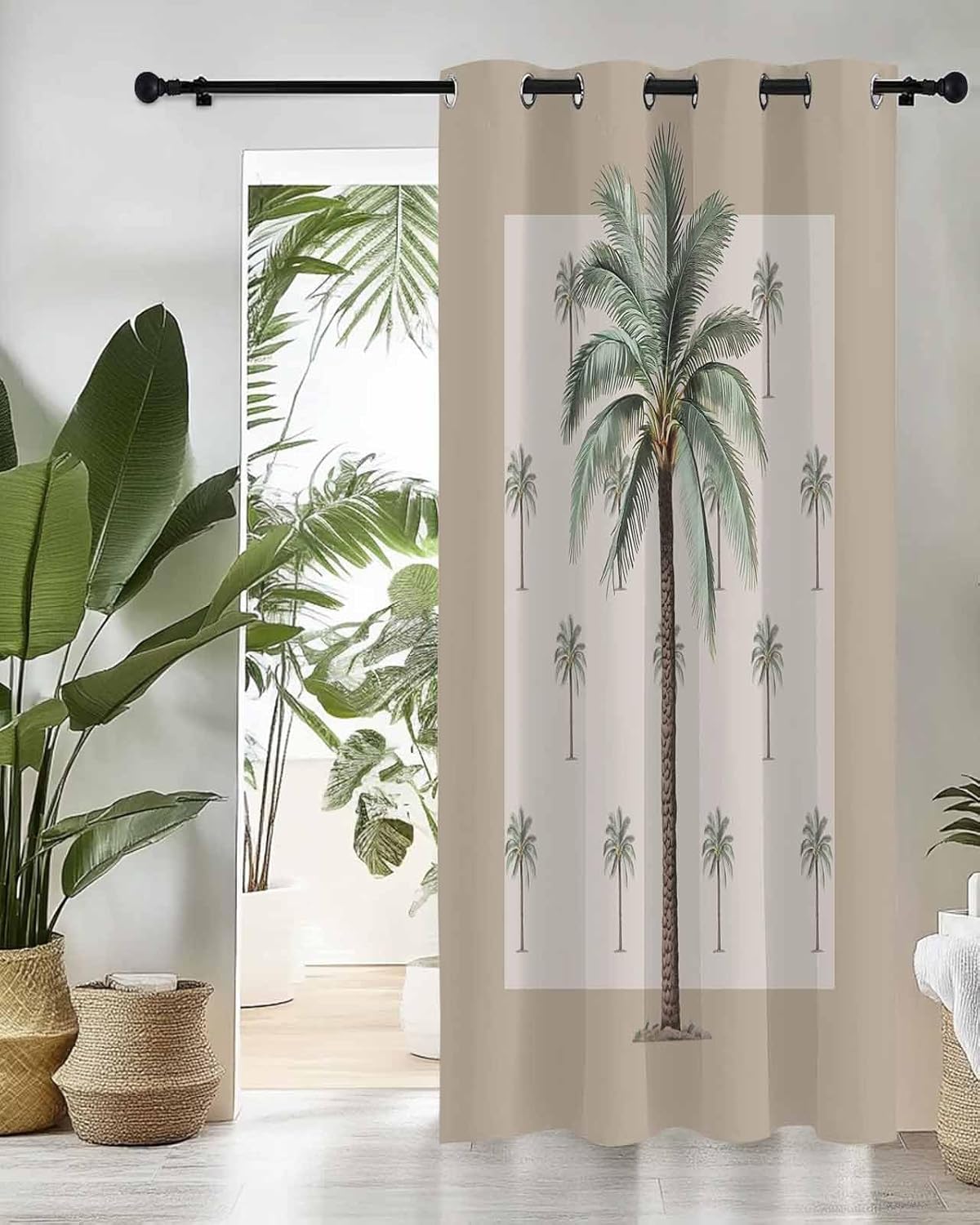 52x90 Inch Window Curtain Tropical Plant Palm Tree Brown Background Semi Sheer Grommet Curtain, Privacy Drapes Light Filtering for Bedroom Living Room Bathroom Window, Home Decor Window Treatment