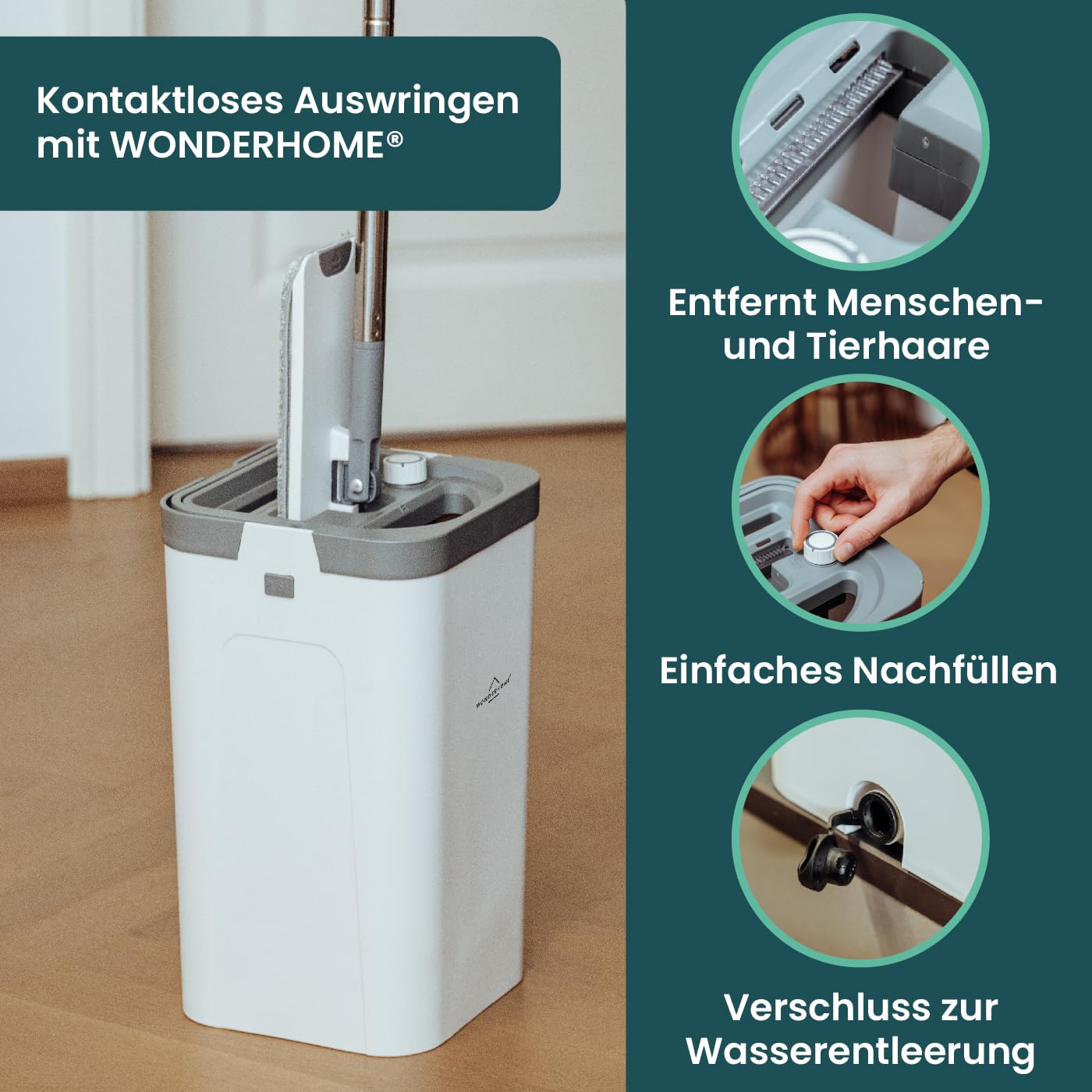 Bodenwischer Set mit Eimer - trennt Schmutz - von Frischwasser - innovatives 3 Kammer Wischmop Putzset + Auswringfunktion - Classic [Neu mit verlängerter 140cm Stange bestellen!]