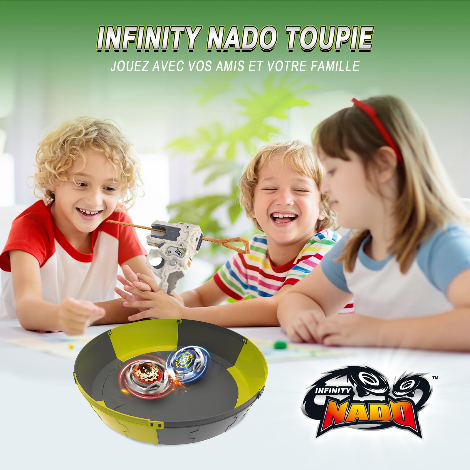 INFINITY NADO S7 Set 2 toupies métal + 2 lanceurs modulables 5+ | Set 2 toupies métal défense/endurance, 2 lanceurs modulables droitiers/gauchers + pointes S6. Combat 5-12 ans. Cadeau