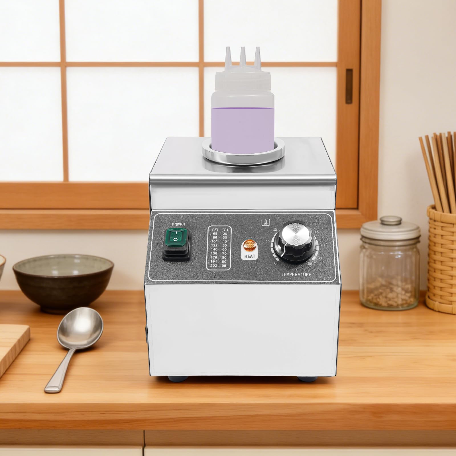 Scaldavivande elettrico con bottiglia da 680 ml, scaldavivande per cioccolato/formaggio, in acciaio inox, dispenser per salse con regolazione della temperatura 30-85 °C, 100 W, per ristoranti, caffè e