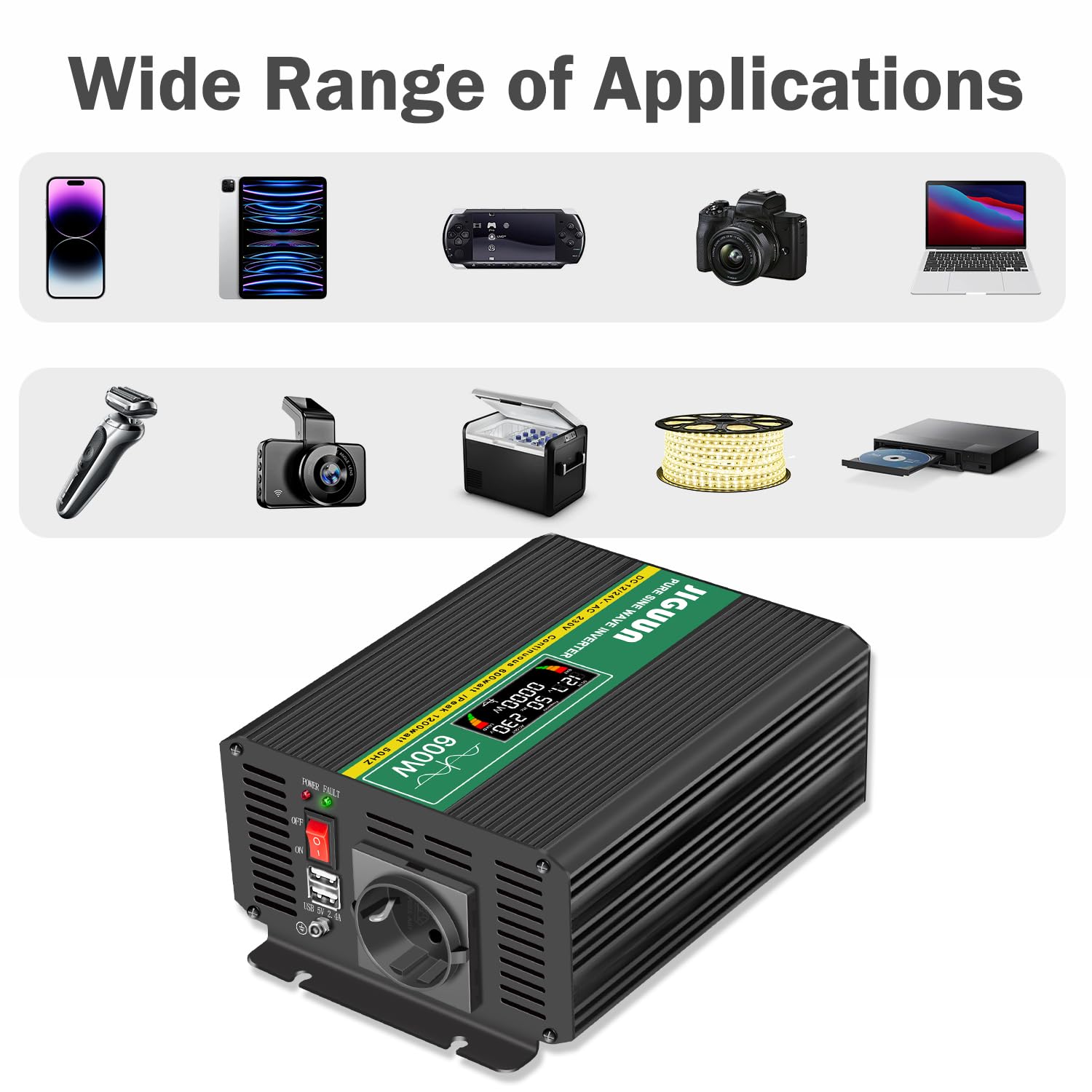 JIGUUN Przetwornica napięcia 600 W, czysta sinusoidalna, 12 V, 230 V, z gniazdem UE i 2 wyjściami USB 2,1 A, bezprzewodowy pilot zdalnego sterowania i wyświetlacz LCD, moc szczytowa 1200 W (600 W12 V)