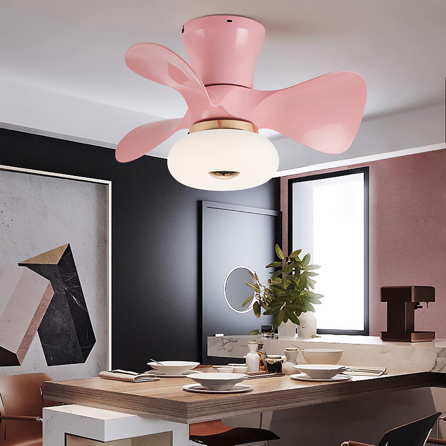 YUEGOO Ceiling Fans with Lamps,3 Color Dimmable Led Ceiling Fan Chandelier Reversible 6 Speed Quiet Ceiling Fans with Lights and Remote Control App for Bedroom Lounge/Pink/D