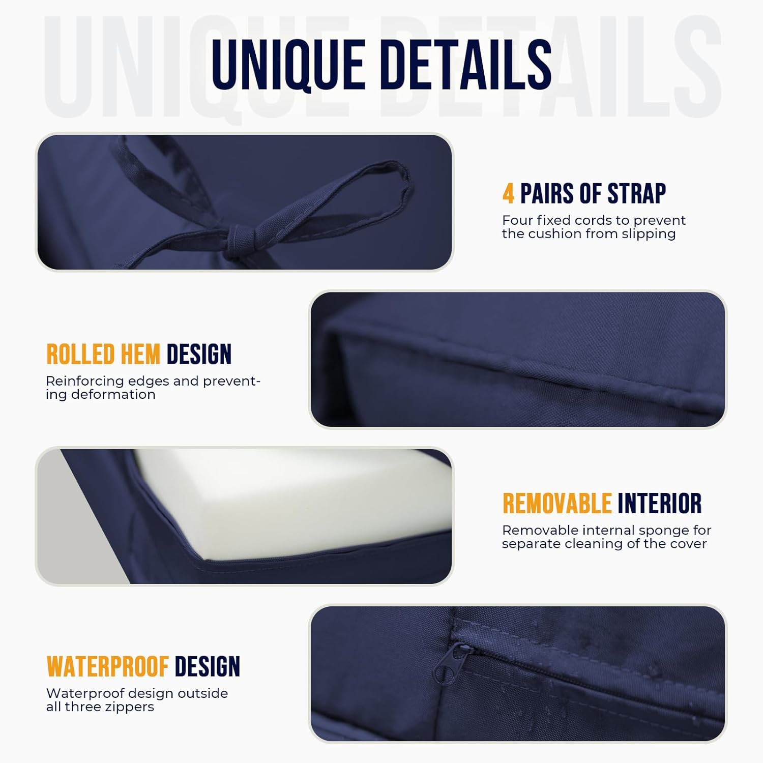 Waterproof Chaise Lounge Cushions, 72x21x3 Inch Outdoor Lounge Chair Cushion High-Density Foam Fade Resistant Patio Sun Lounger Pad Replacement with Removable Covers and Ties, Blue
