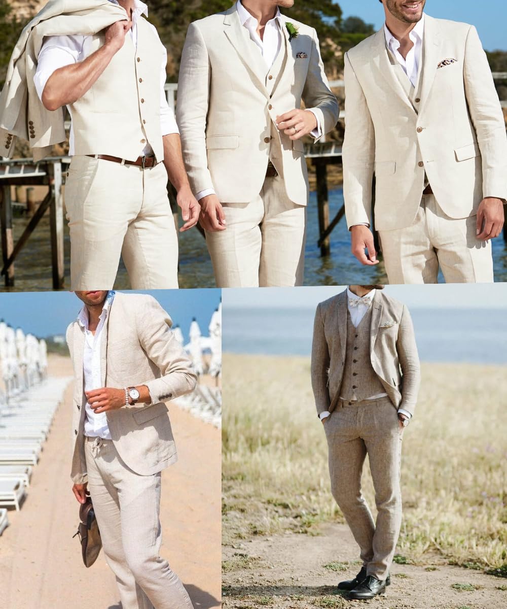 3 Piece Men's Linen Suit,Slim Fit Suits Set for Men Two Buttons Grooms Suits for Summer Beach Wedding