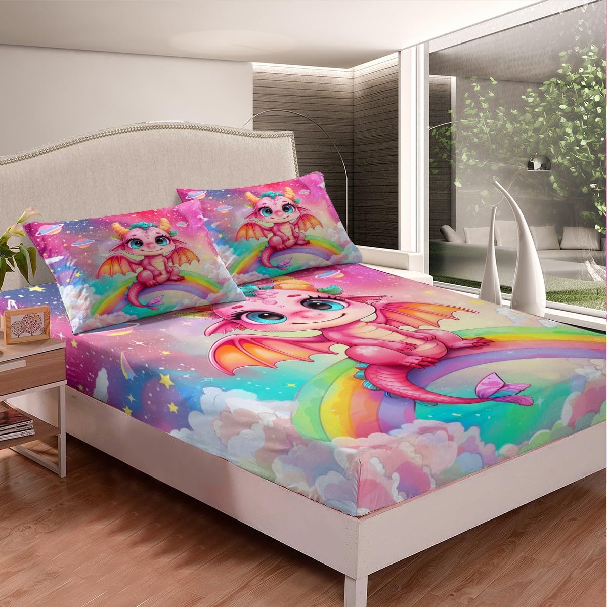 Kawaii Dragon Full Size Fitted Sheet,Dreamy Sky Rainbow Starry Nebula Planets Glitter 3 Pieces Kids Teenager Room Decor Cartoon Dragon Western Animal Pink Pocket 2 Pillowcases
